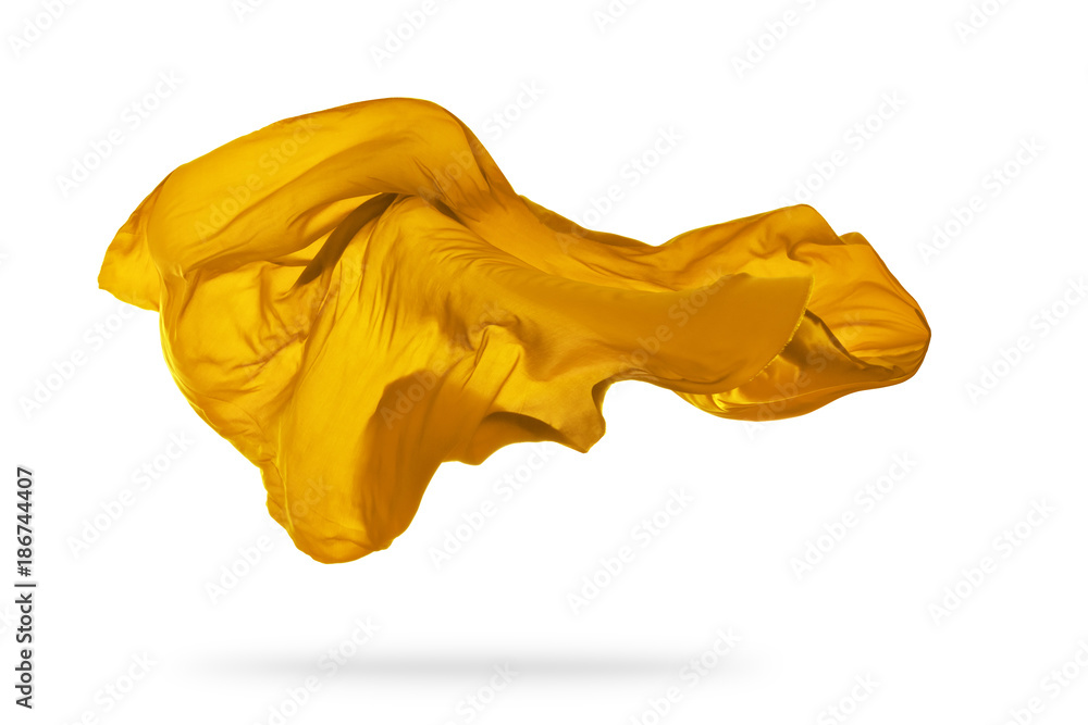 Smooth elegant golden transparent cloth separated on white background.