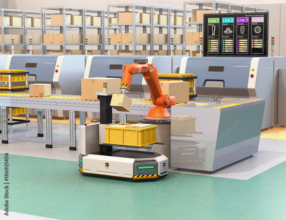 Robotic arm picking parcel from conveyor to to AGV (Automatic guided vehicle). Monitor of the manufa