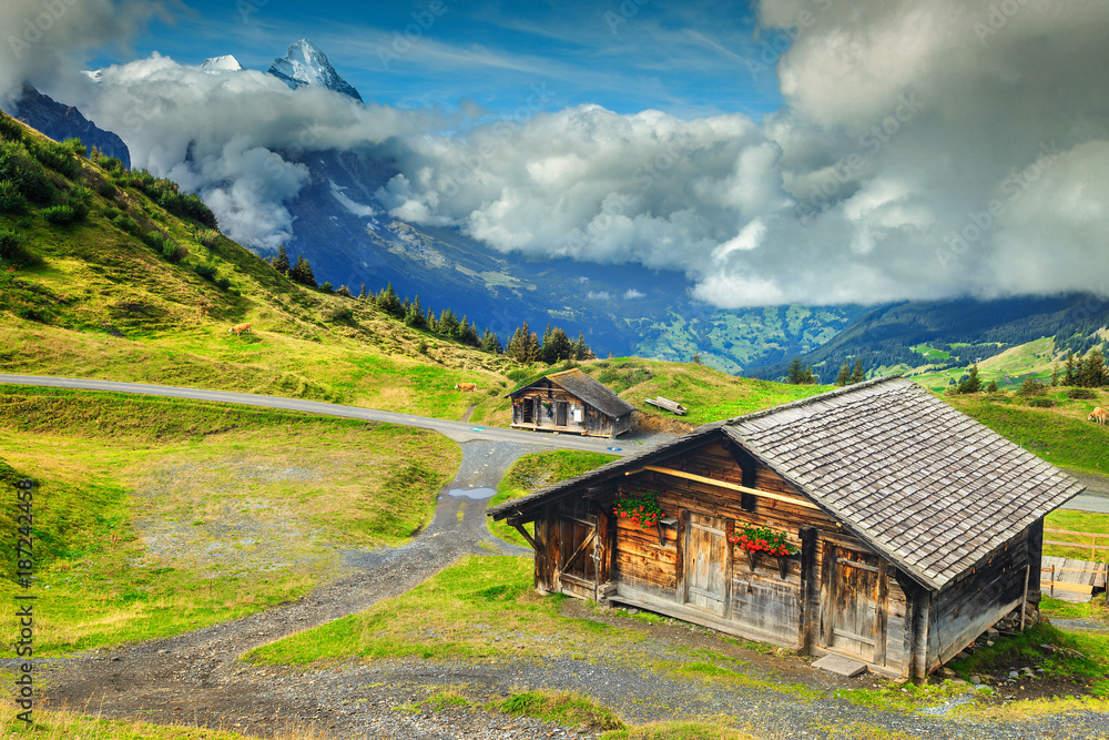 瑞士伯尔尼高地典型的瑞士高山农舍和雪山