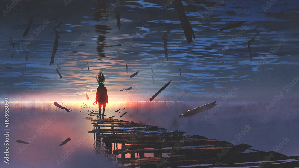 颠倒世界的超现实风景，一个人在旧桥上看着大海中的日落
