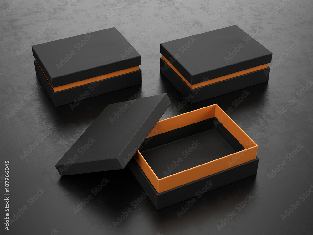 黑色背景下打开和关闭的黑色盒子-盒子实物模型，三维渲染