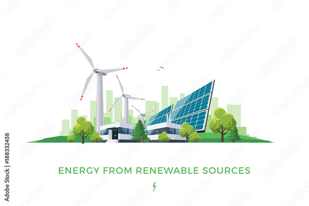 来自可再生能源太阳能和风能的清洁电能的独立矢量图。电力计划