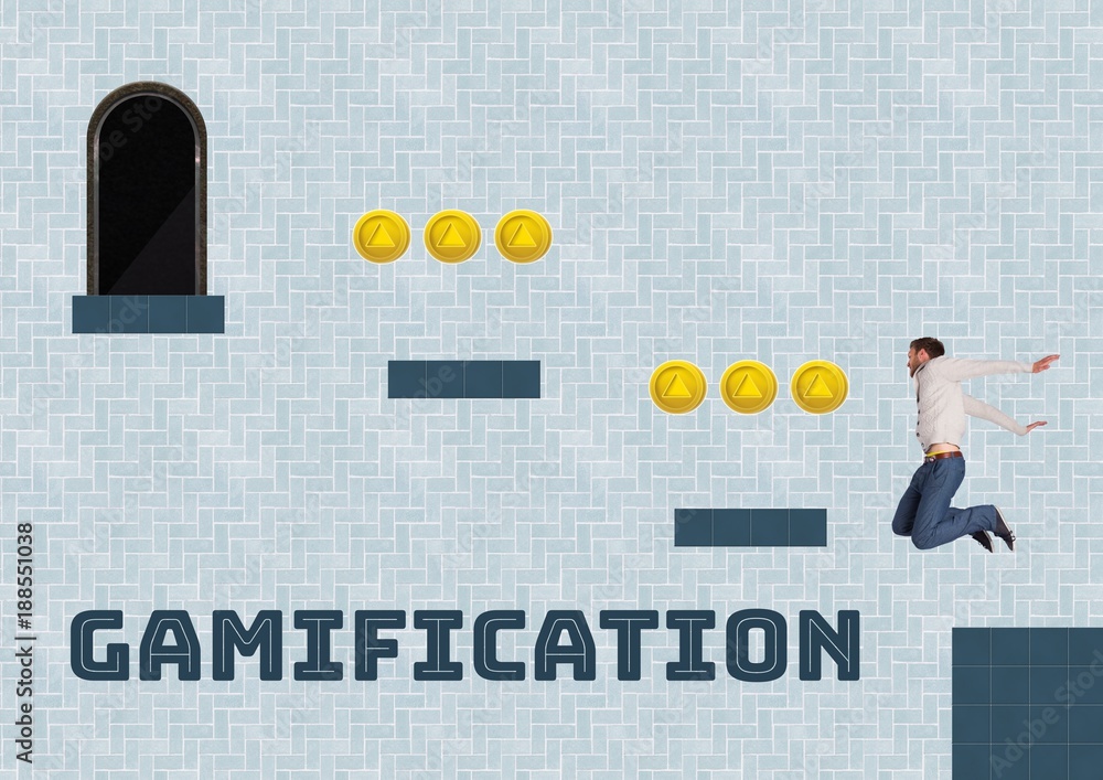 Gamification text and Man in Computer Game Level with coins
