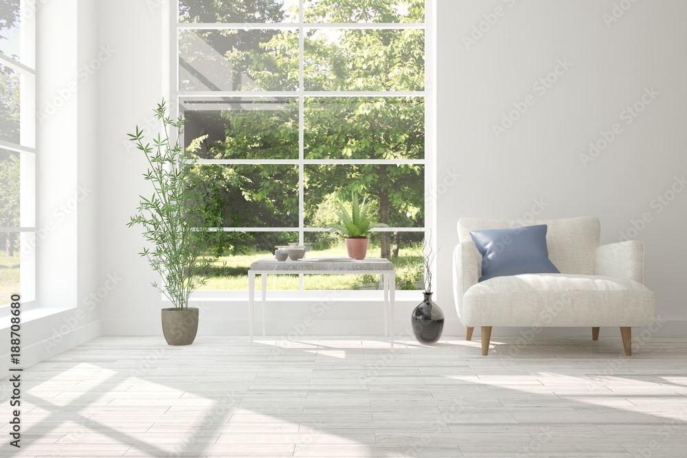 白色房间的理念，扶手椅和窗户里的夏季景观。斯堪的纳维亚室内设计。3D il