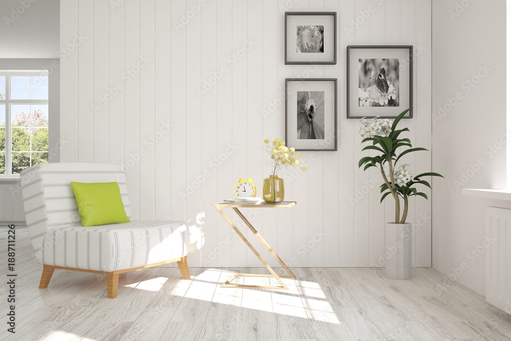Idea of white room with armchair and summer landscape in window. Scandinavian interior design. 3D il