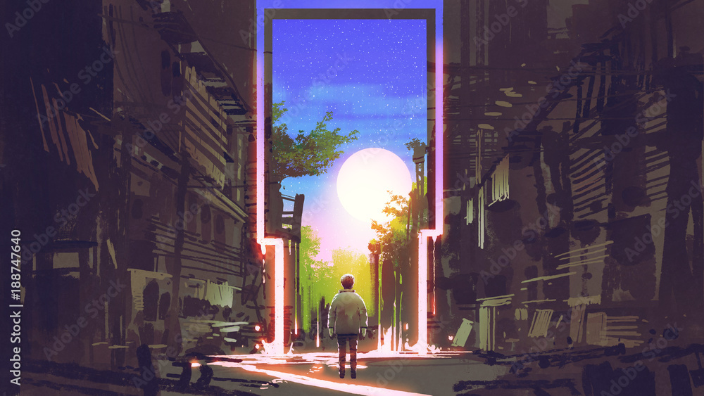 年轻男孩站在废弃的城市里，看着美丽的地方的魔法门，数字艺术圈
