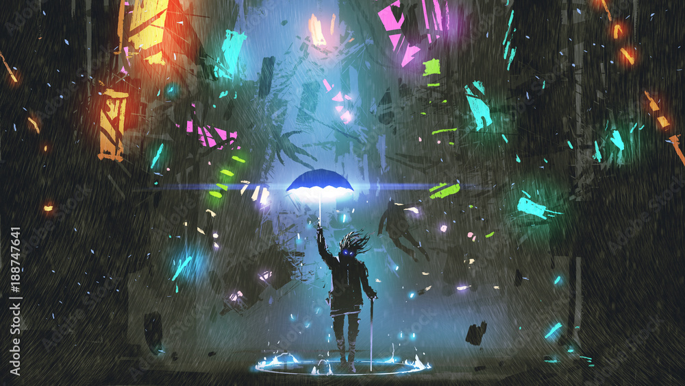 一个科幻场景，展示了一个男人拿着一把魔法伞摧毁未来城市，数字艺术风格，