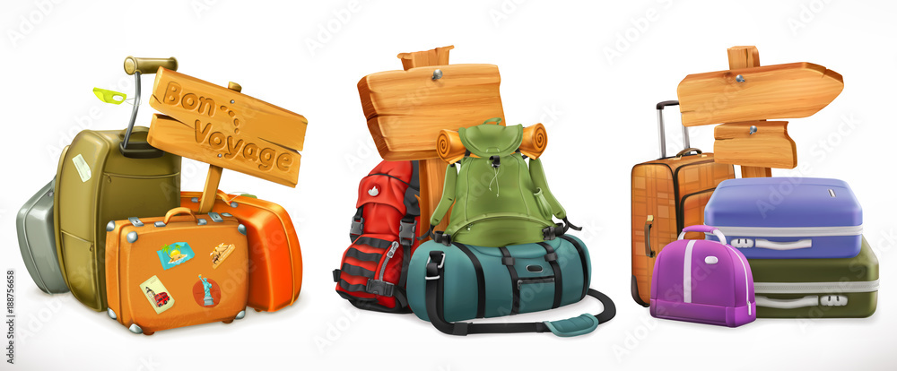 旅行包、背包、手提箱和木制标志