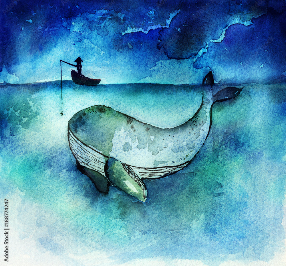 蓝色深海中渔夫与一条大鲸鱼的水彩手绘插图，创意