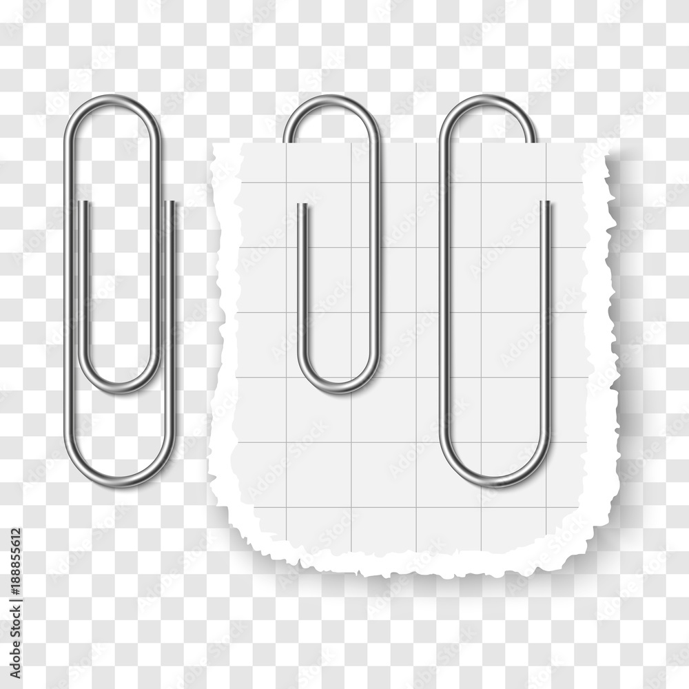 Set of silver metallic realistic paper clip on transparent background.