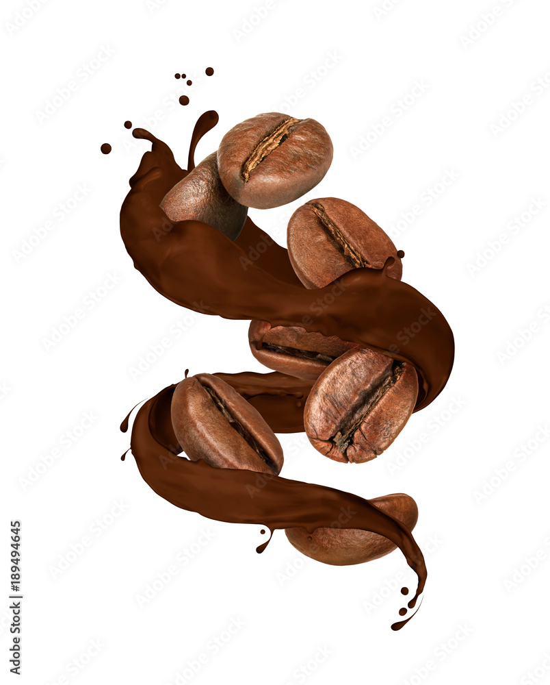Coffee beans moves in chocolate splashes, isolated on white background