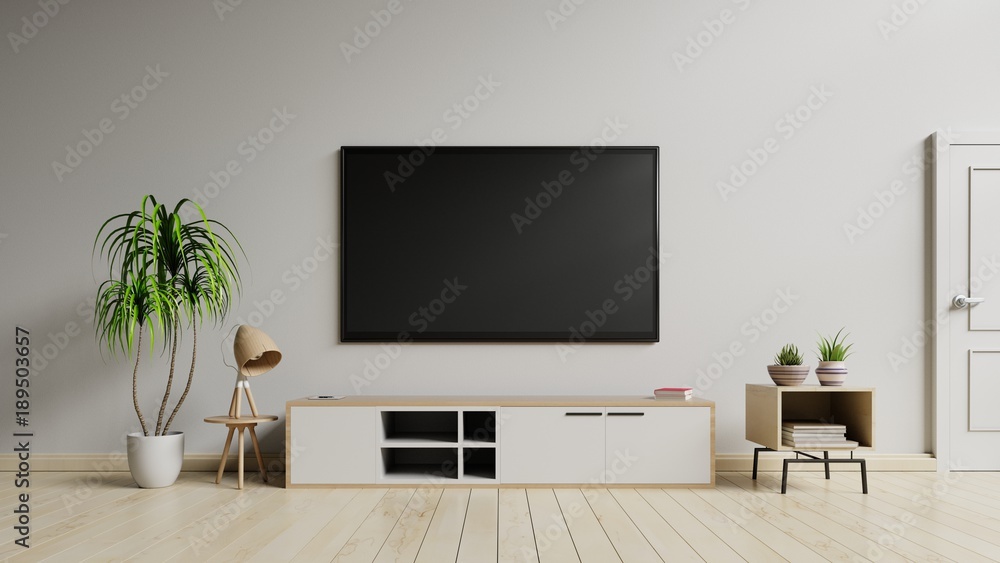 电视柜白色墙背景的现代客厅橱柜，3d渲染