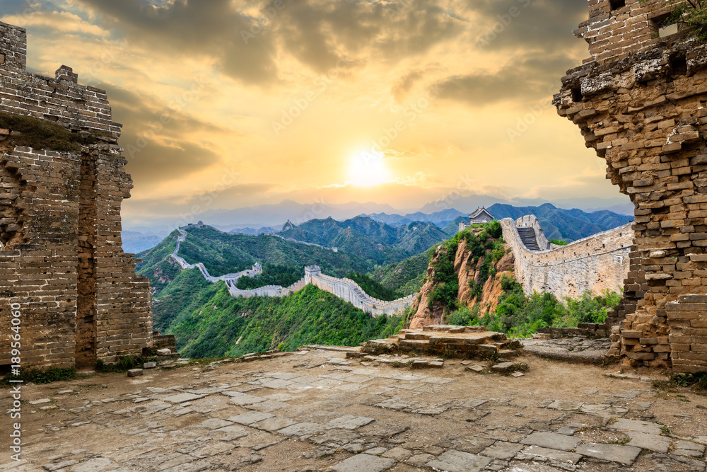 Great Wall of China at the jinshanling section,sunset landscape panoramic view