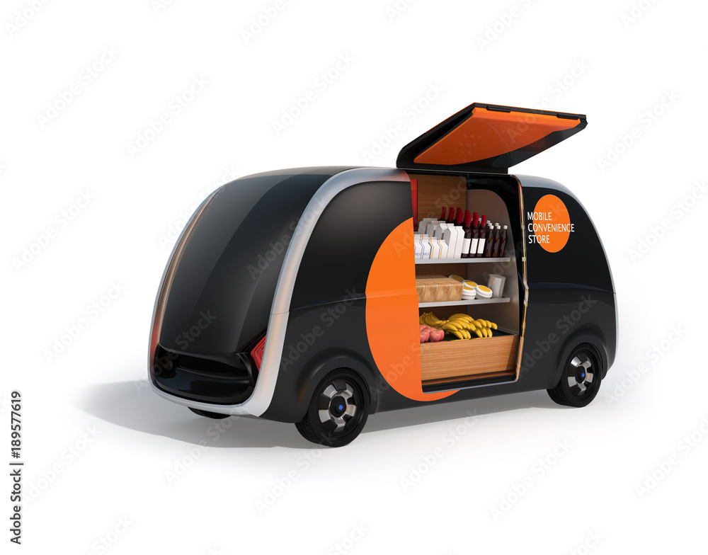 Rear view of autonomous vending car with side door opened. The vending car is equipped with shelf fo