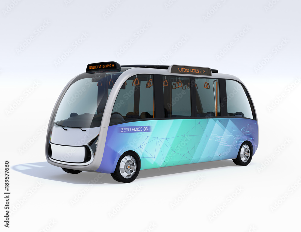 灰色背景下隔离的自动穿梭巴士。3D渲染图像。