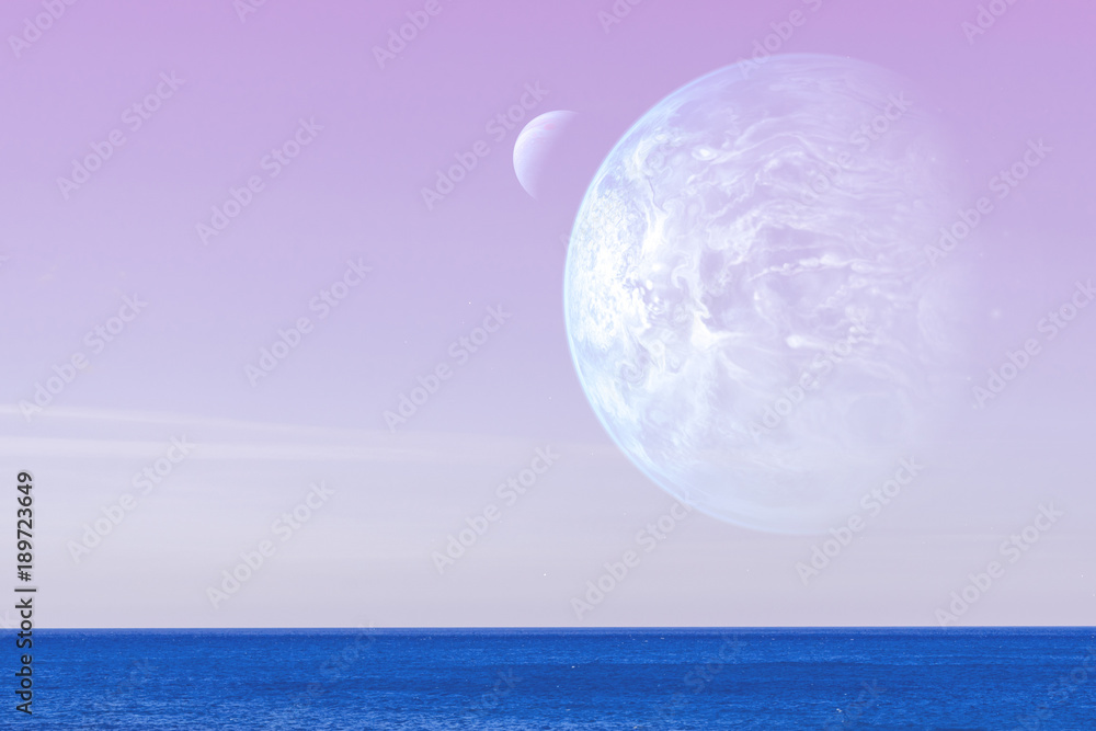 外星景观——一颗巨大的蓝色行星，背景是粉红色的天空和平静的oc