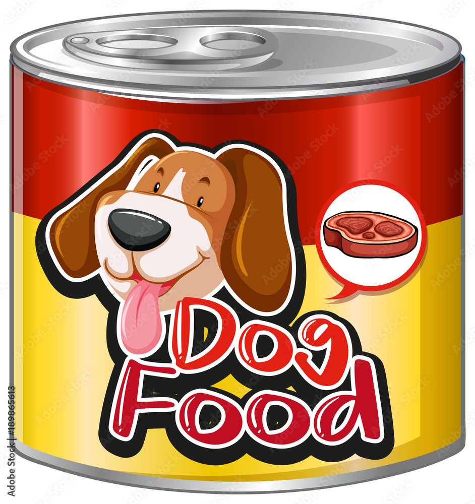 铝制罐头狗粮，标签上有可爱的小狗