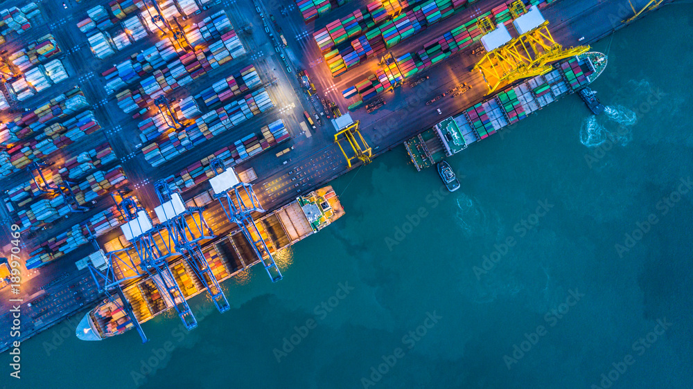 Aerial view of container cargo ship, Container Cargo ship in import export logistic, Logistics and t
