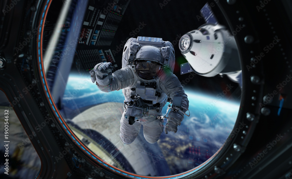宇航员在空间站工作，由美国国家航空航天局提供这张图像的3D渲染元素