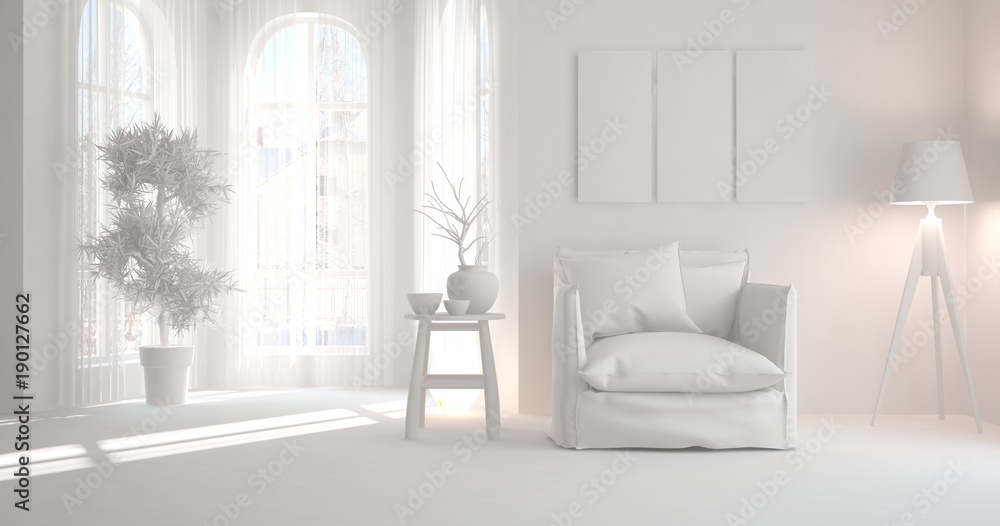 白色极简主义扶手椅房间的灵感。斯堪的纳维亚室内设计。3D插图