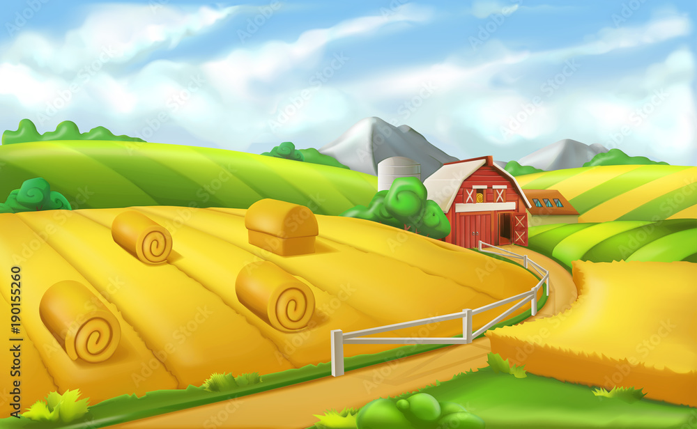 农场。景观全景，三维矢量插图
