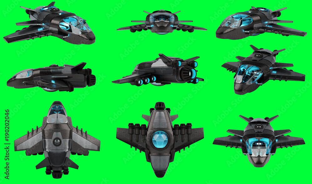 Futuristic spacecraft collection isolated on green background 3D rendering