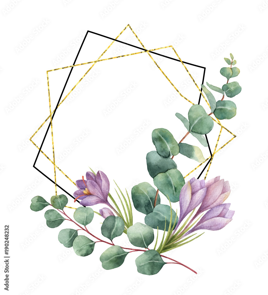 Watercolor vector composition from the branches of eucalyptus and gold geometric frame.