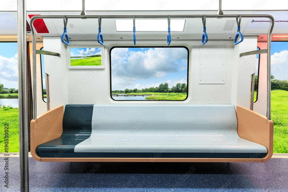 empty metro train interior and outdoor green landscape in shanghai,China