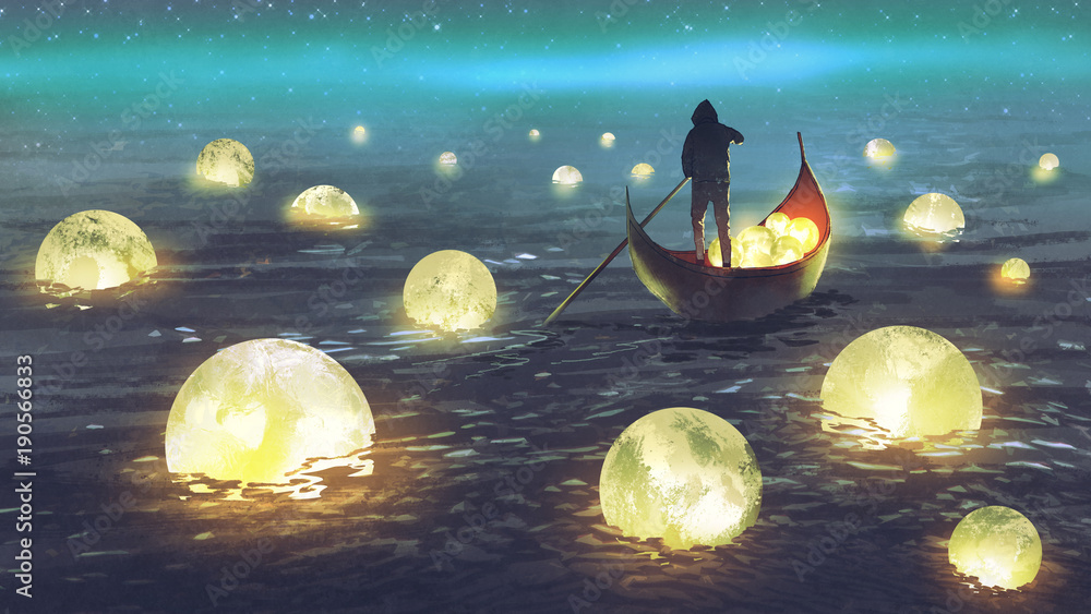 海上漂浮着许多发光的月亮，一个人划船的夜景，数字艺术风格