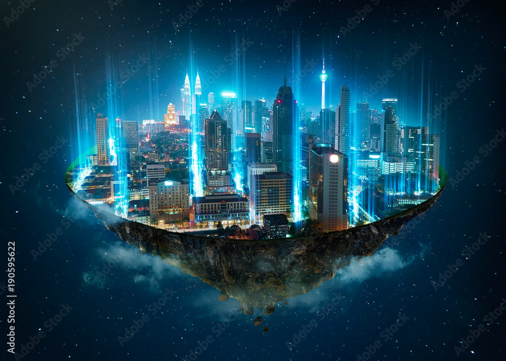 漂浮在空中的梦幻岛，网络之光从地面射出，智慧城市与电线