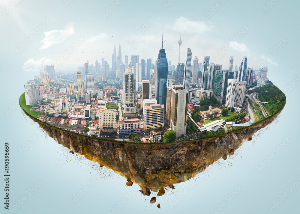 梦幻岛漂浮在空中，拥有现代城市天际线。
