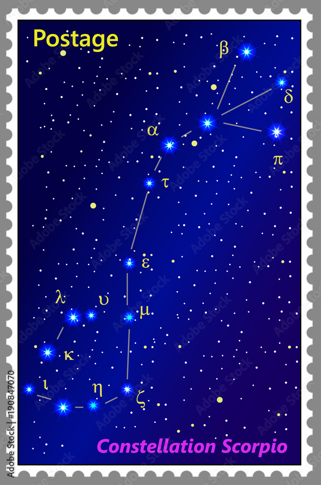 邮票星座天蝎座，带框架简单穿孔。矢量插图。可以使用
