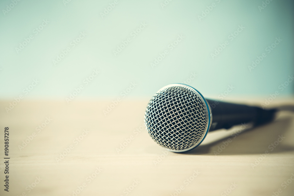 Close up a Microphone on the table, concept of speaker or teacher preparation to speak in seminar cl