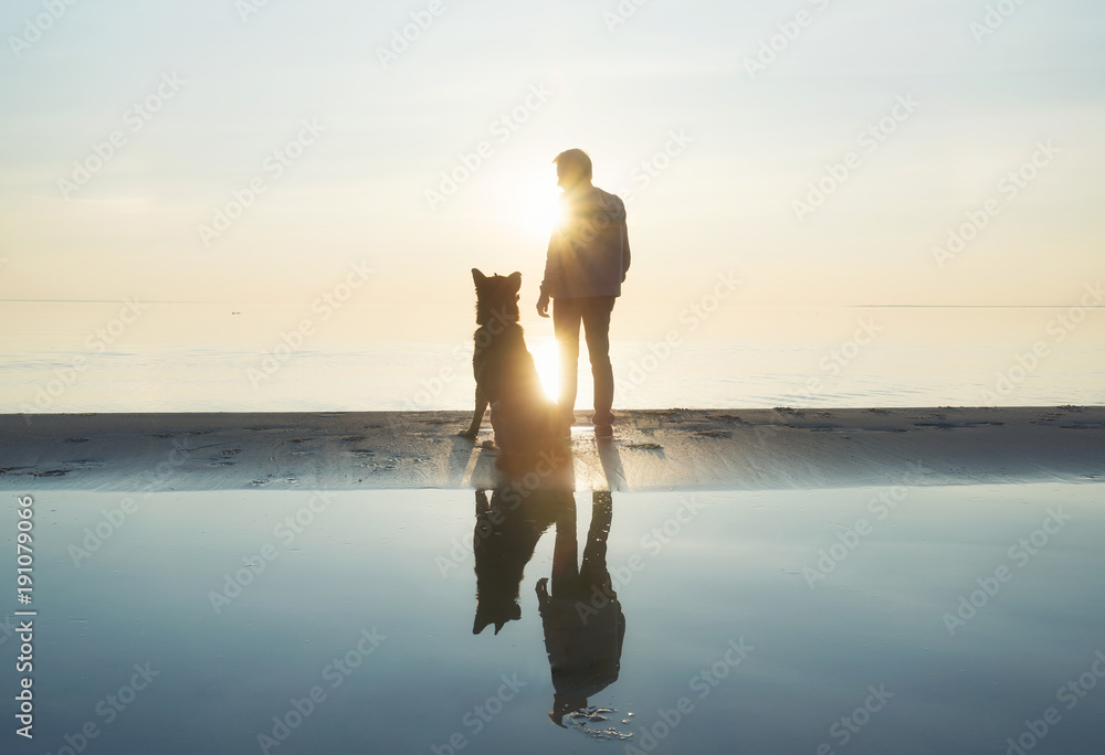 男人和狗朋友在海滩上。概念和想法