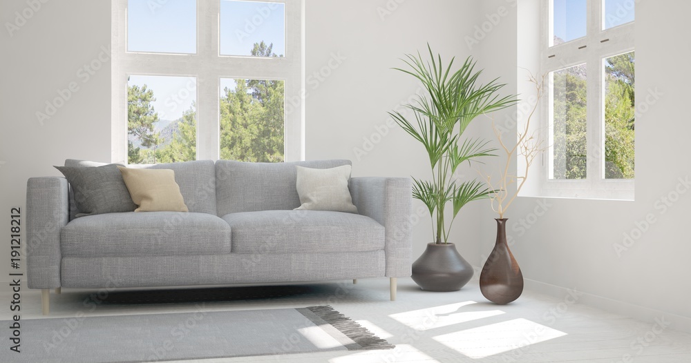 带沙发的白色房间的想法和窗户里的夏季景观。斯堪的纳维亚室内设计。3D插图