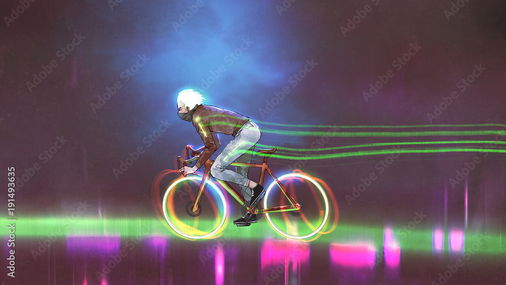 man riding a mountain bike with neon lights on wheels at night, digital art style, illustration pain