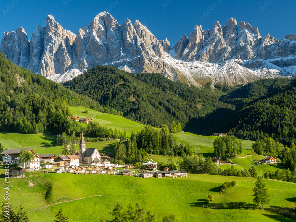 Val di Funes valley, Santa Maddalena touristic village, Dolomites, Italy, Europe. September, 2017. G
