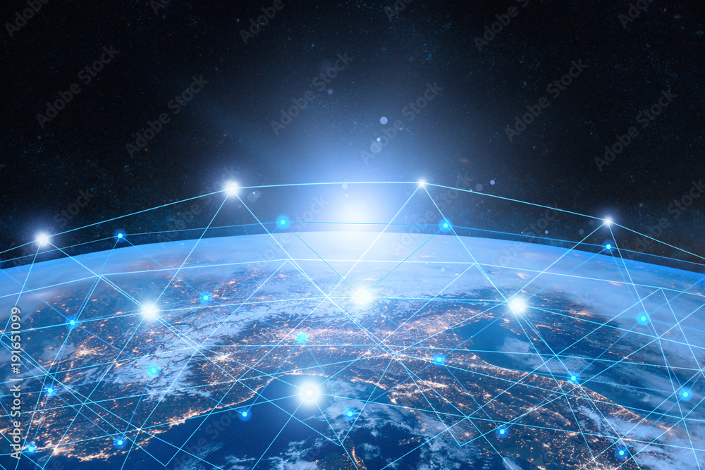 来自太空的地球。全球商业的互联网概念。地球上的网络和数据交换。