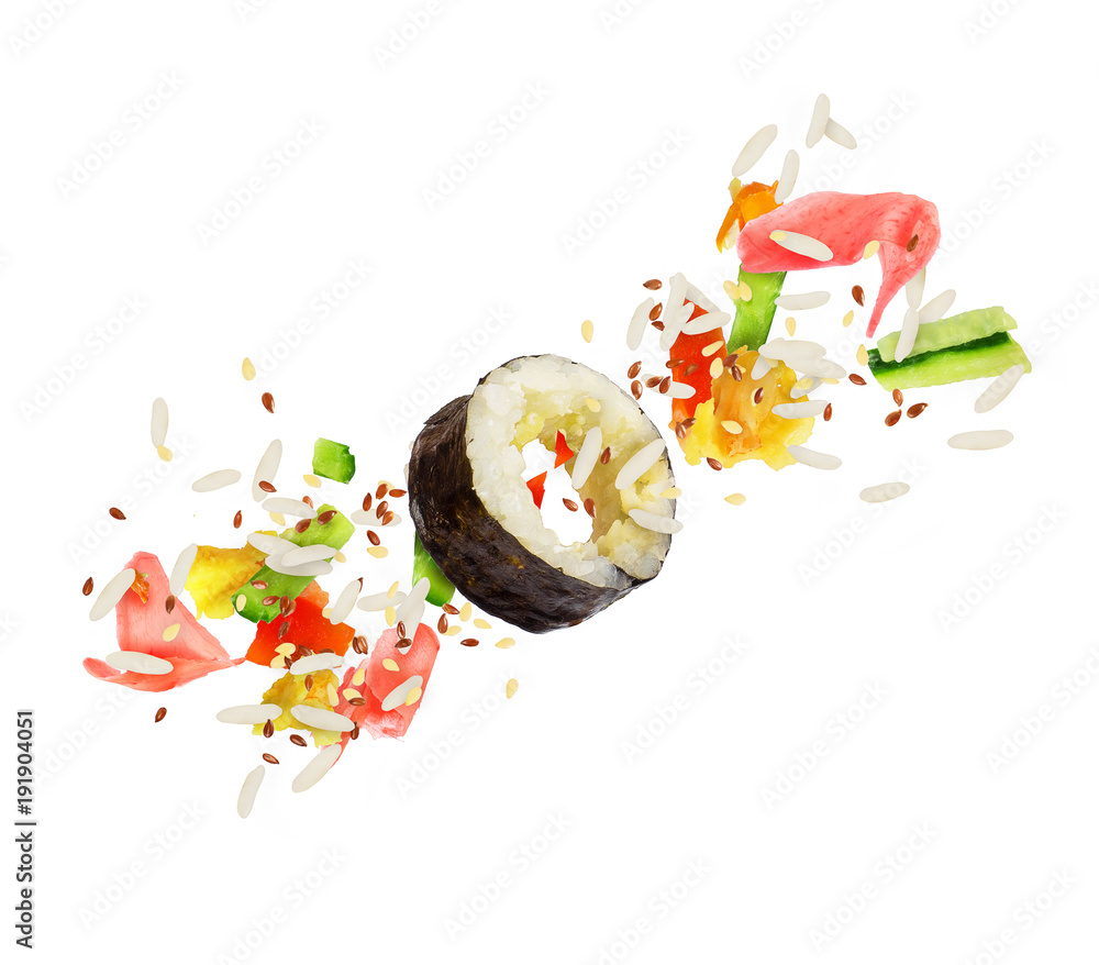 Sushi roll crumbles in the air isolated on white background