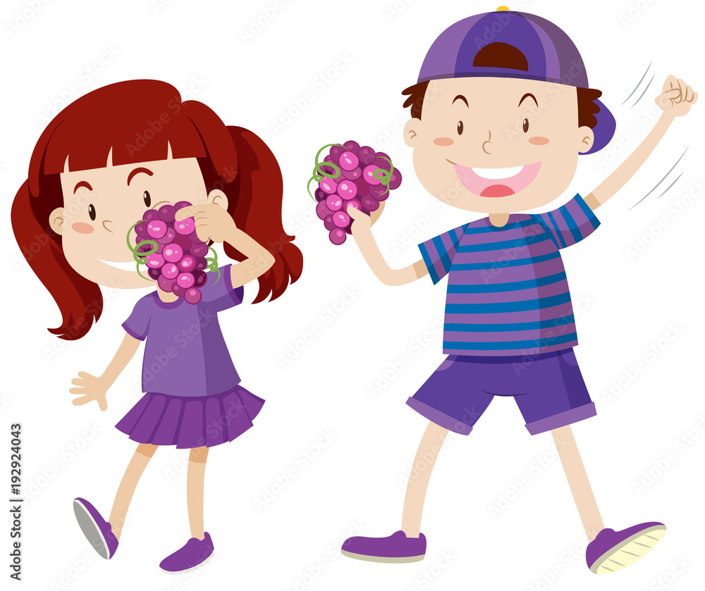 紫色男孩和女孩拿着葡萄