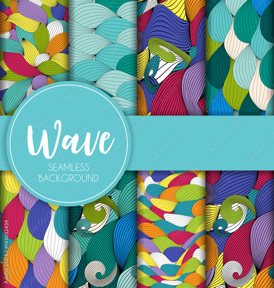 Abstract Wave Seamless Pattern Collection Set Background. Vector Illustration