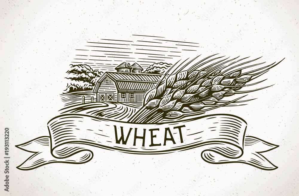 农场的图形说明，前景是一捆小麦，设计元素是胶带