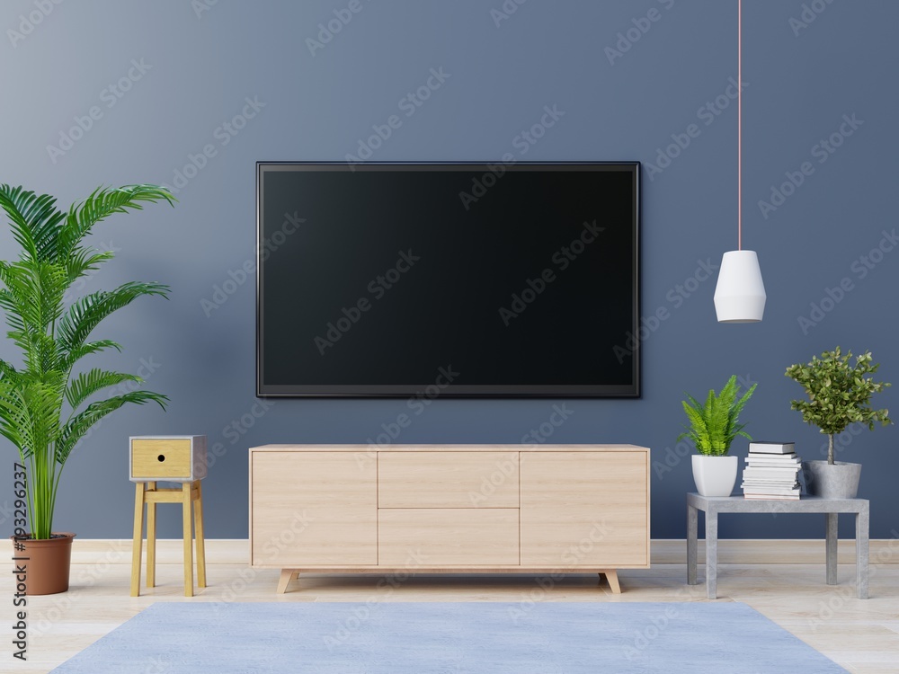 现代客厅橱柜上的智能电视，深色墙壁背景，3d渲染