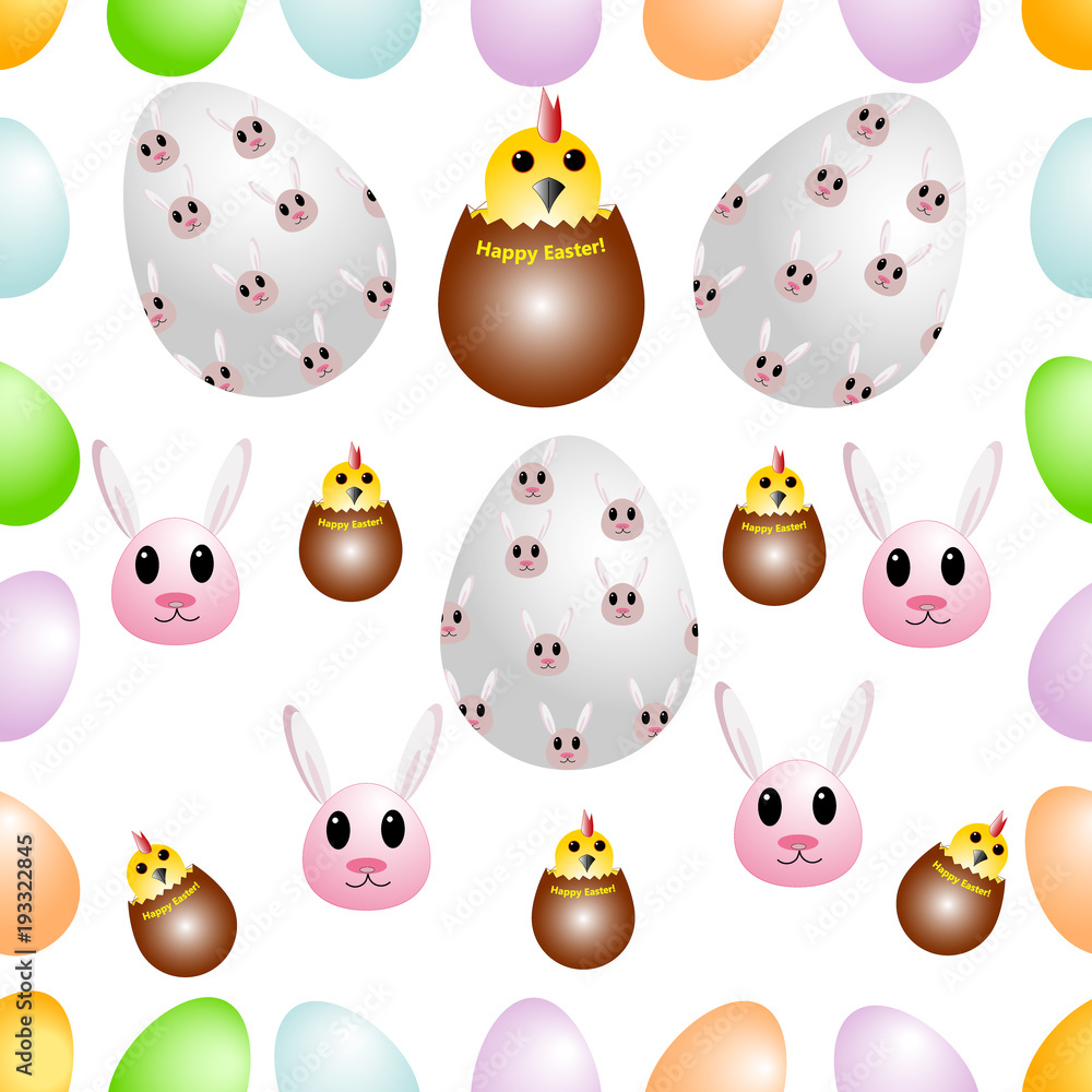 复活节彩蛋的无缝图案，装饰着有趣的兔子和鸡。矢量插图。C