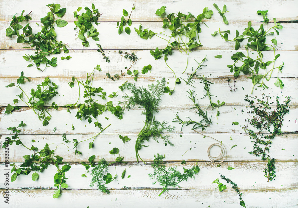 一束束新鲜的绿色草本植物的扁平图案。Parsley、薄荷、dill、香菜、迷迭香、百里香