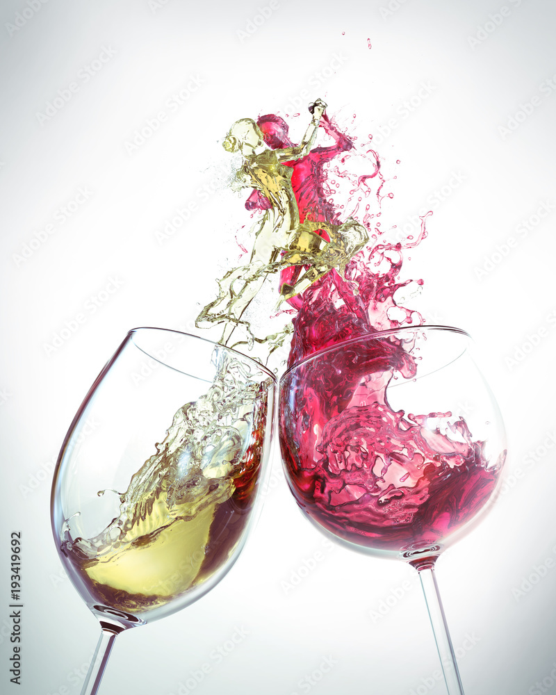 红葡萄酒和白葡萄酒飞溅是一个男人和一个女人跳舞的形状