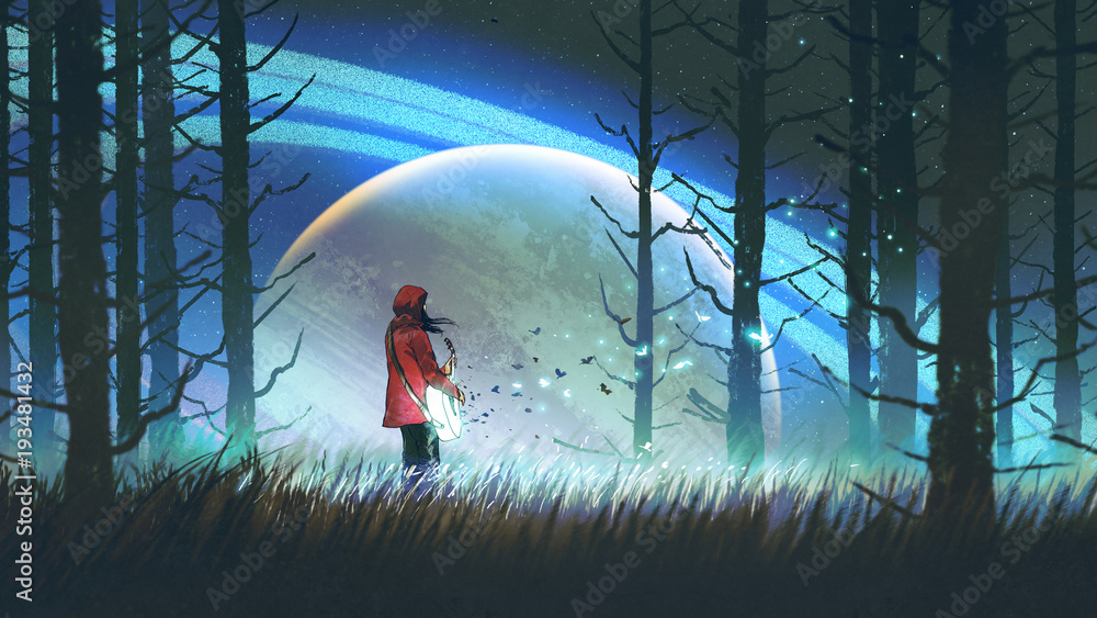night scenery of young woman playing a magic guitar in the forest against glowing planet on backgrou