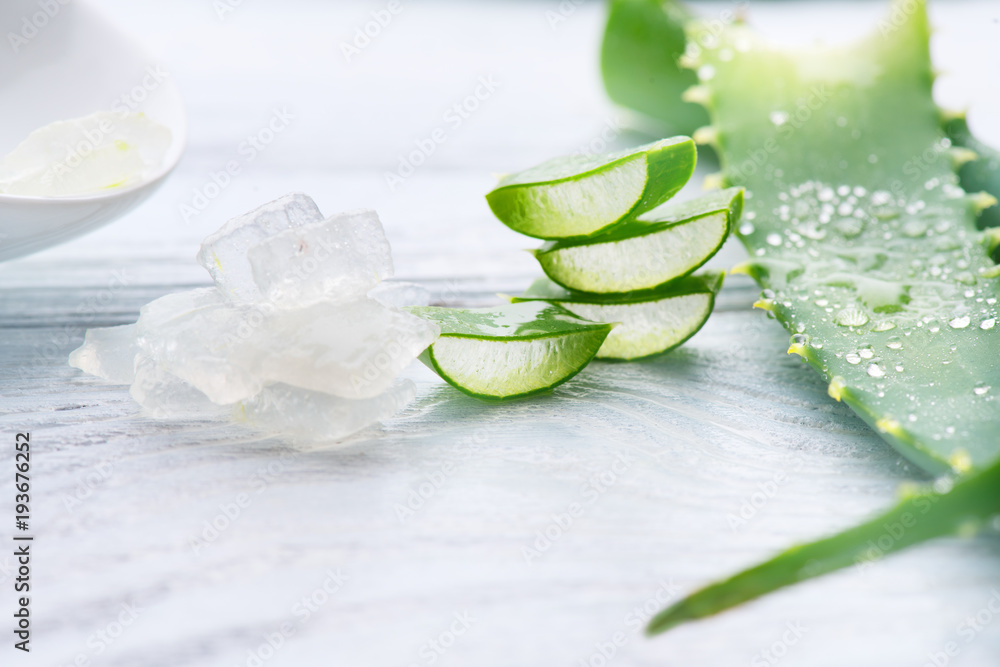 Aloe Vera gel closeup. Sliced Aloevera natural organic renewal cosmetics, alternative medicine. Orga