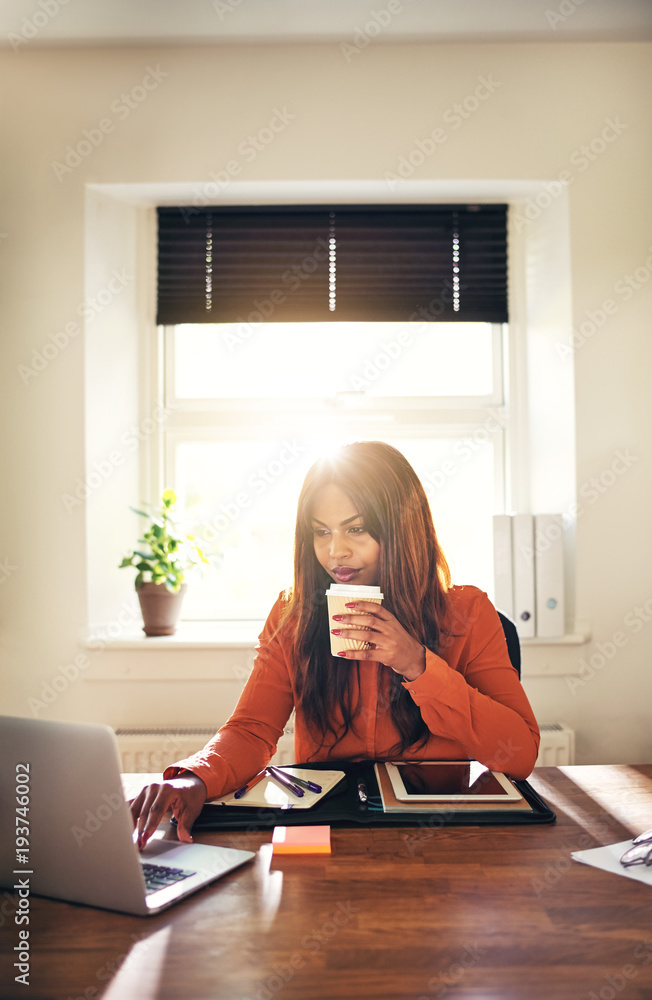 年轻女企业家在家上网喝咖啡