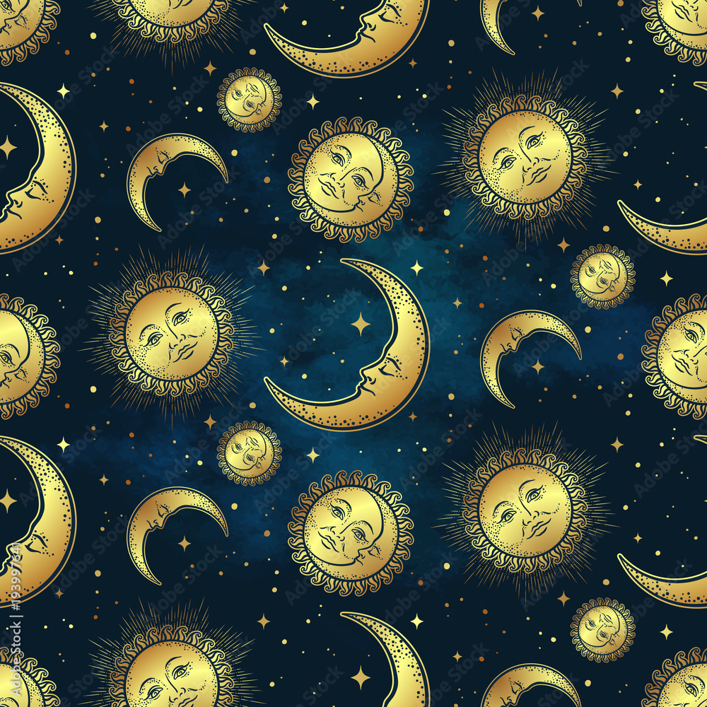 蓝色夜空背景下的月亮、太阳和星星与金色天体的无缝图案。Bo